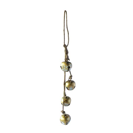Hello Honey® 9" Hanging Metal Jingle Bells with Hand-Painted Stars & Snowflakes on Jute Rope Hanger